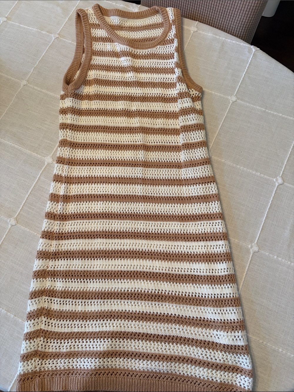 Sleeveless Crochet Stripe Dress in Cream and Tan